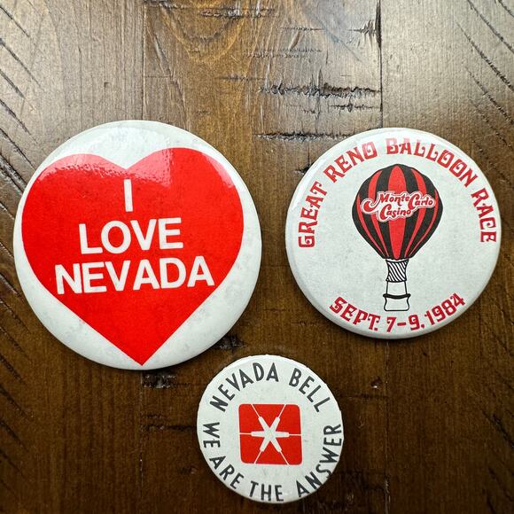 Vintage 1980's I Love Nevada Pinback Nevada Bell Pin Great Reno Balloon Race Pin - Picture 1 of 3